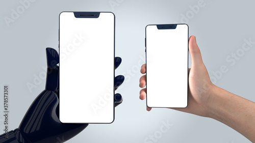 Mobile phone mockup man and robot artificial Intelligence holding smartphone render 3D portfolio preset isolated