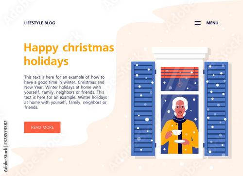 An elderly woman from the window looking through at the street. Neighborhood. The grandmother. Winter snowfall. Landing page and website template. Vector flat illustration