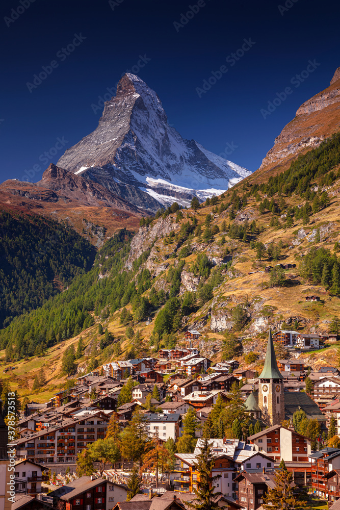 Zermatt. Image of iconic village of Zermatt, Switzerland with the Matterhorn in the background during beautifl sunny autumn day.