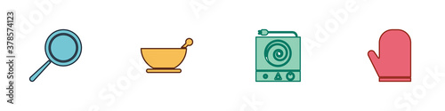 Set Frying pan, Mortar and pestle, Electric stove and Oven glove icon. Vector.
