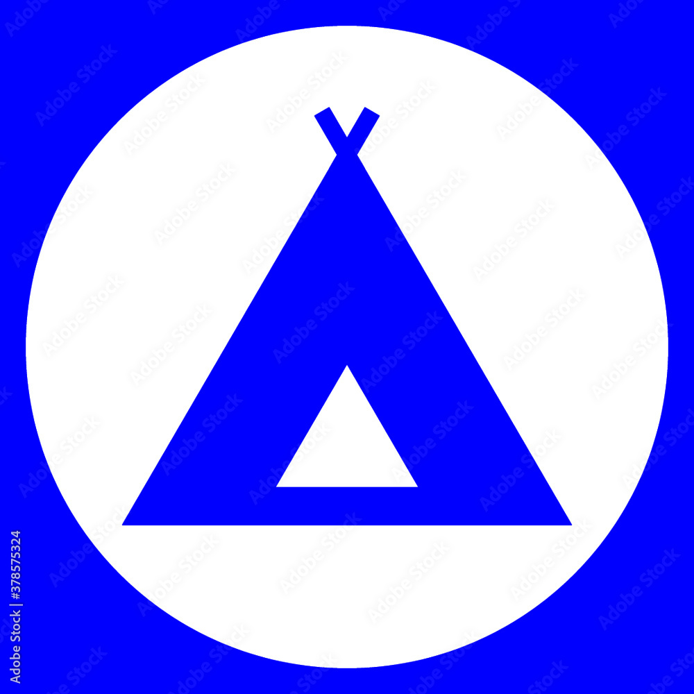 An abstract simplified tent or camping sign set against a blue background An abstract simplified tent or camping sign set against a blue background