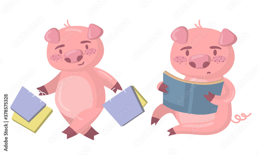 Funny Pig Doing Shopping and Reading Book Vector Set Funny Pig Doing Shopping and Reading Book Vector Set