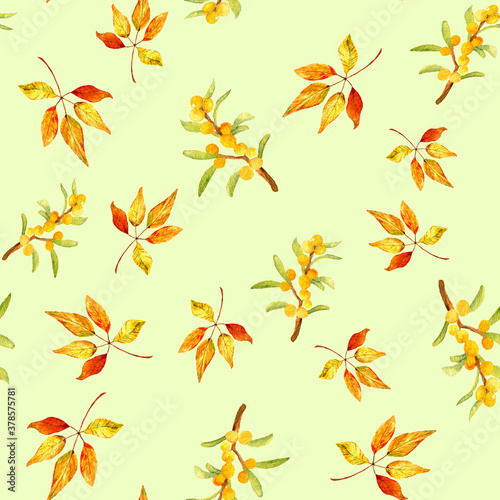 Watercolor seamless autumn pattern sea buckthorn and watercolor leaves are Golden.
