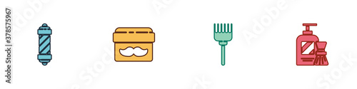Set Classic Barber shop pole, Cream or lotion cosmetic jar, Hairbrush and Shaving gel foam and icon. Vector.