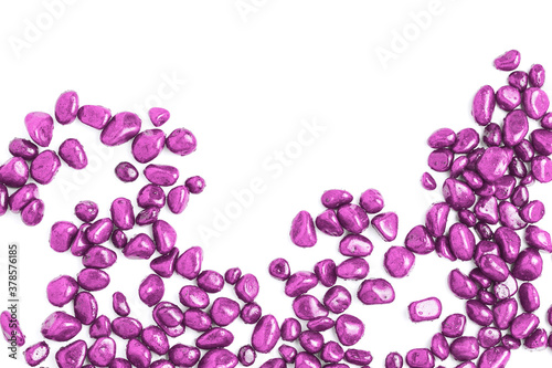 frame of stones in the form of pebbles painted in pink on a white background. flat layout, space for text