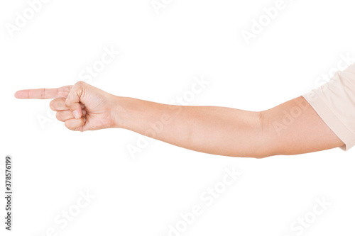 Male asian hand gestures isolated over the white background. Point Pose.