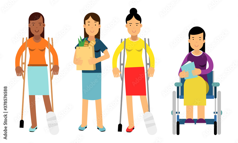 Disabled People Characters Getting Help and Assistance Vector Illustration Set