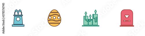Set Stage stand or tribune, Easter egg, Burning candles and Tombstone with RIP written icon. Vector.