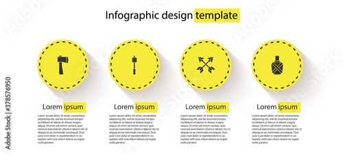Set Wooden axe, Marshmallow on stick, Crossed arrows and Canteen water bottle. Business infographic template. Vector.