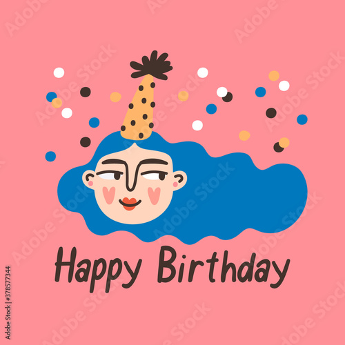 Birthday girl character with with Happy Birthday phrase party celebration concept. Vector clipart design