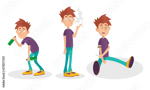 Man Character Having Bad Habits Smoking and Drinking Alcohol Vector Illustration Set