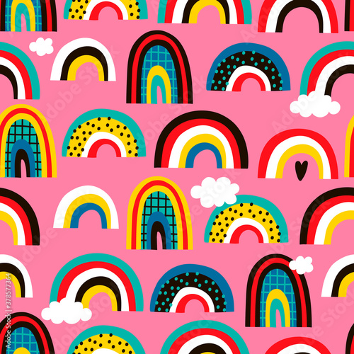 Creative seamless pattern with hand drawn rainbows. Abstract background. Great for fabric, textile, wrapping paper. Vector Illustration.