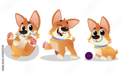 Cute Cartoon Puppy with Big Ears Showing Different Mood and Emotion Vector Set