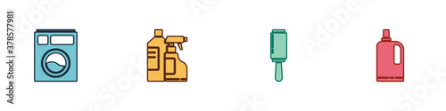 Set Washer, Bottles for cleaning agent, Adhesive roller and Fabric softener icon. Vector.