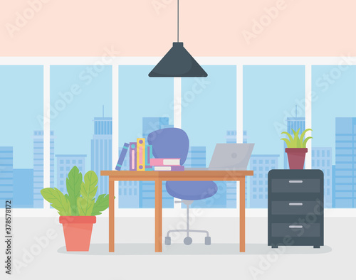 office workplace windows urban view desk chair cabinet laptop and potted plants