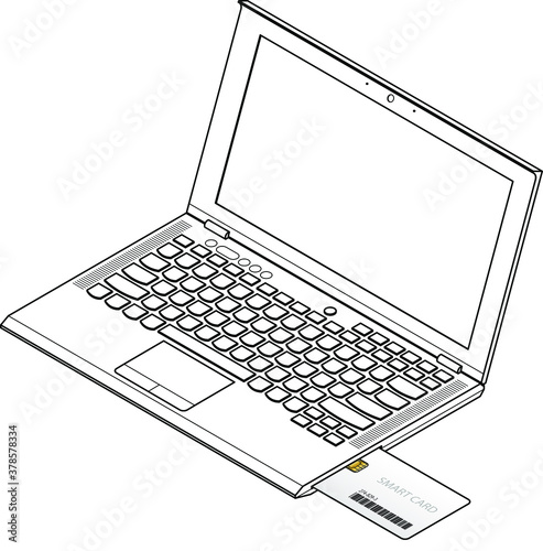A smart card / security card being inserted into a card reader slot of a laptop.