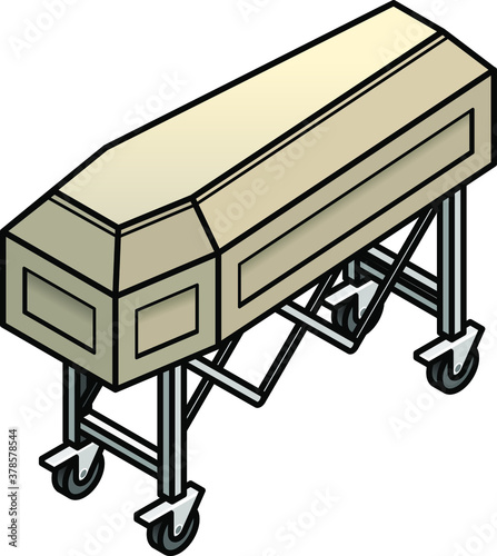 A classic plain coffin/casket on a trolley.