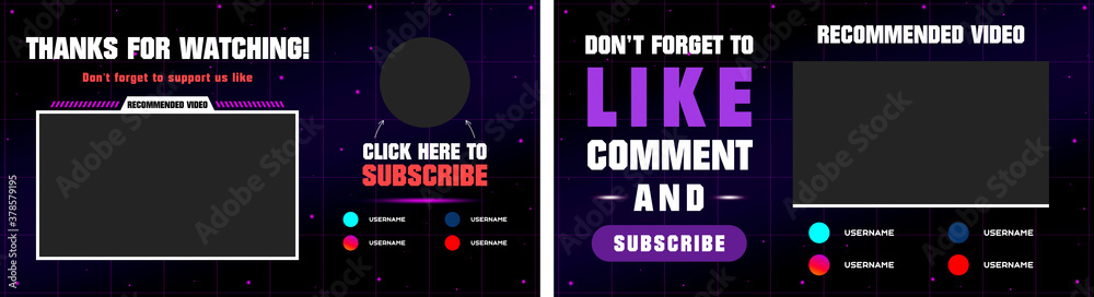 Youtube End Screen with purple design and purple lines. Youtube Video Template,  background,  Outro Card, end screen, banner, channel. Social media design.