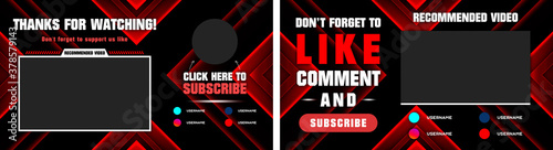 Youtube End Screen with red design and red lines. Youtube Video Template Overlay   background   Outro Card  end screen  banner  channel. Social media design. Overlay for youtube