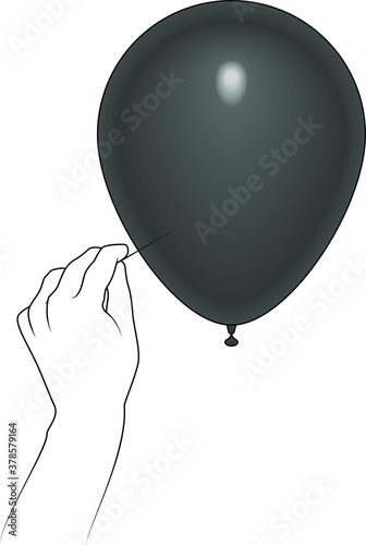Concept: overcoming depression, sadness or illness. Line drawing of a hand with a pin about to pop a balloon.