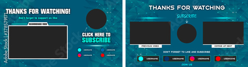 Youtube End Screen with blue design and blue lines. Youtube Video Template,  background,  Outro Card, end screen, banner, channel. Social media design. photo