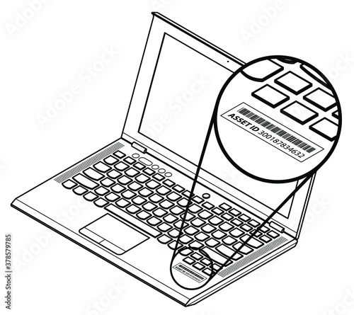Laptop with a call-out showing an asset id sticker with a number and barcode.