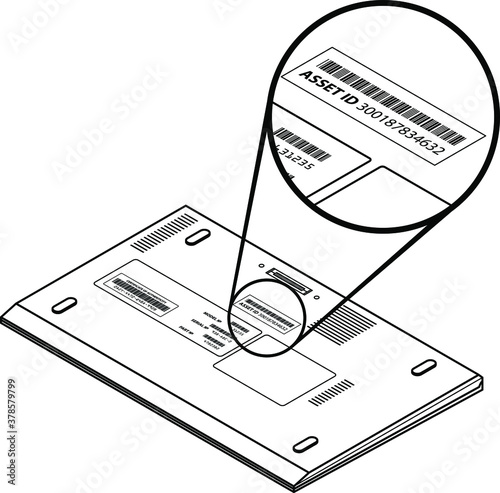 Laptop with a call-out showing an asset id sticker with a number and barcode.