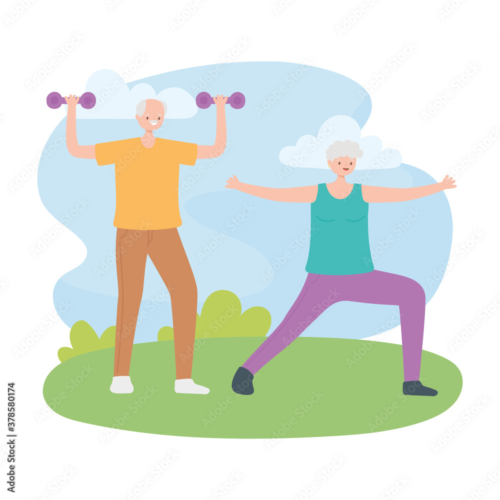 activity seniors, old man with dumbbells and elderly woman practicing exercise in the park activity seniors, old man with dumbbells and elderly woman practicing exercise in the park