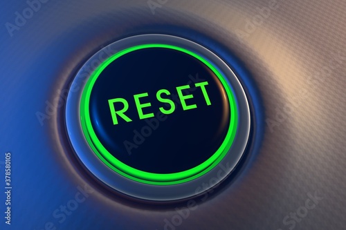 Green glowing reset button on metallic background. 3D rendering photo