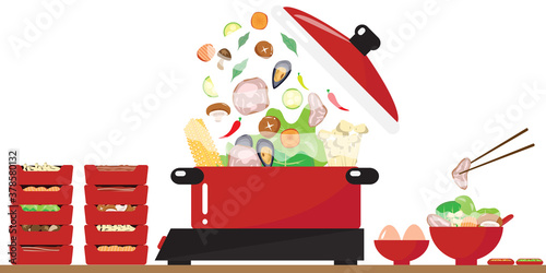 fresh vegetables falling in red boiling hot pot with set of fresh meat and vegetables trays,shabu bowl including vector