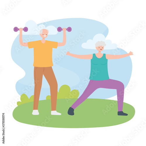 activity seniors, old man with dumbbells and elderly woman practicing exercise in the park