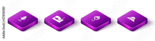 Set Isometric Fishing lure, hook with fish, Spring scale and Fisherman hat icon. Vector.