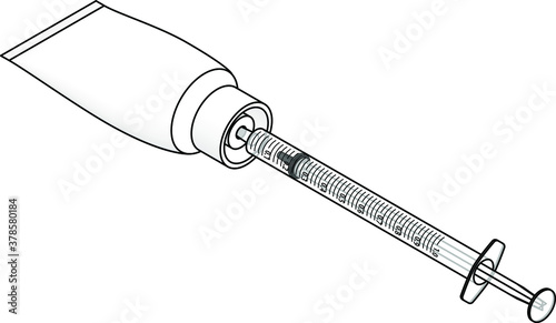 A graduated 1mL medicine dosage pipette / dropper / syringe drawing / extracting medication from a tube.