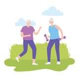 activity seniors, two old women in the park with dumbbells