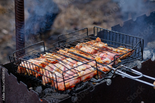 Kebab meat on an old grill. Cooking on a campfire in nature. Marinade with spices.