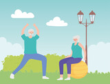 activity seniors, old man making stretching and elderly woman on fitness ball in the park