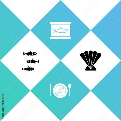 Set Fishes, Served fish on a plate, Canned and Scallop sea shell icon. Vector.
