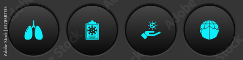 Set Lungs, Clipboard with blood test results, Hand virus and Earth medical mask icon. Vector.