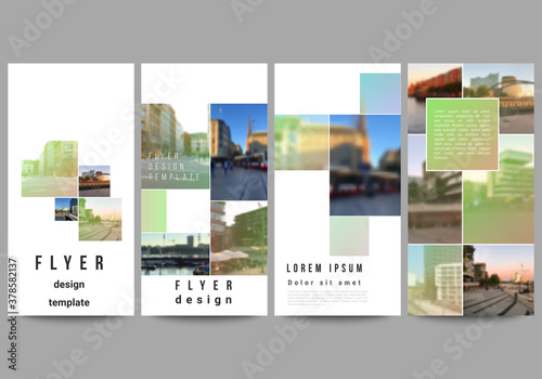 Vector layout of flyer, banner design templates for website advertising design, vertical flyer design, website decoration backgrounds. Abstract project with clipping mask green squares for your photo.
