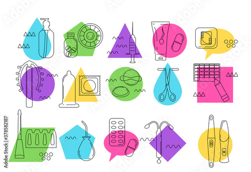 Contraception different methods icon set in Memphis style.Pregnancy and birth control instruments line art vector.Geometric colourful collection for baby planning,safe sex.Venereal disease prevention