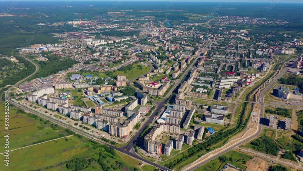 Small town in Russia. Ukhta. Aerial view in clear sunny weather. Entrance to the city. Small town in Russia. Ukhta. Aerial view in clear sunny weather. Entrance to the city.