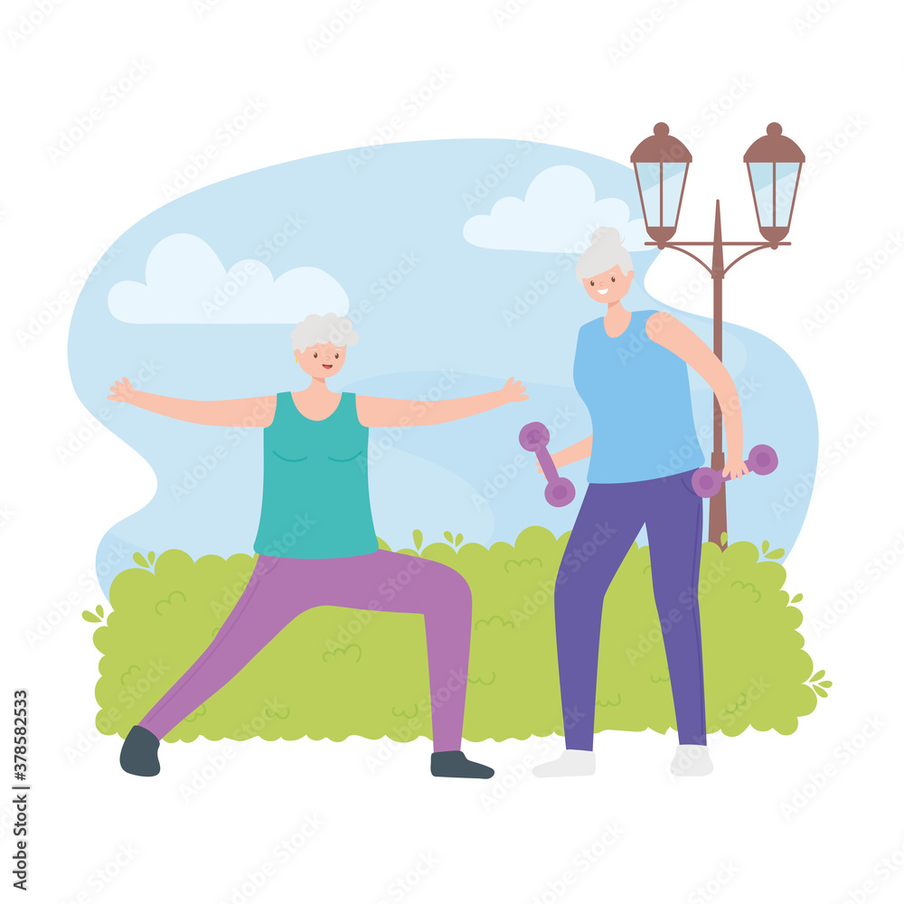 activity seniors, portrait of aged women doing exercise with dumbbells on nature