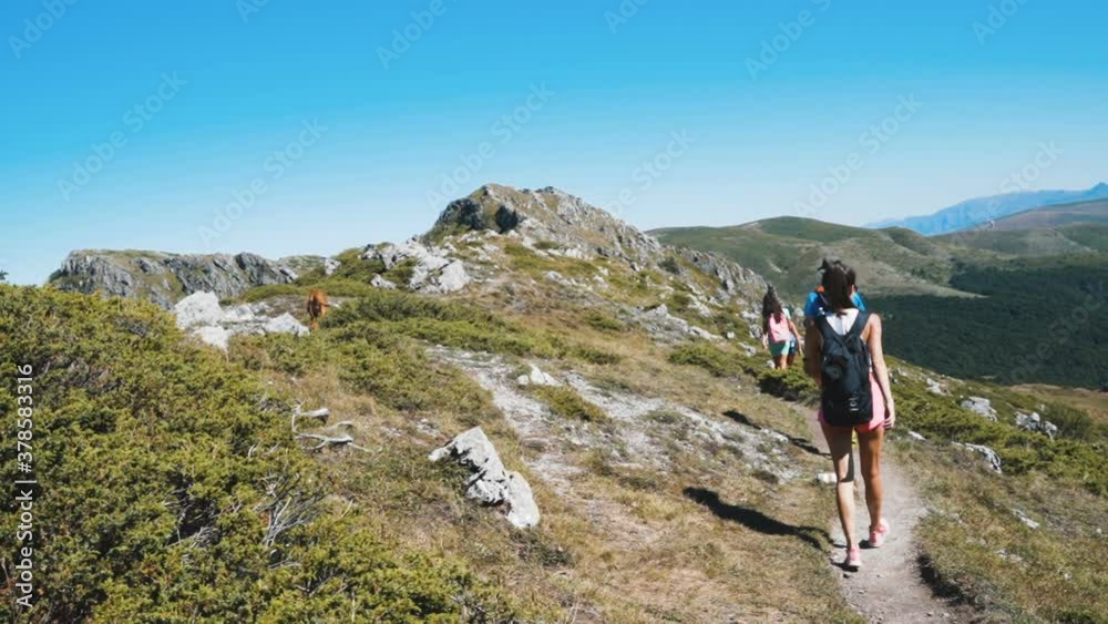 Group of young hikers walking on rocky mountain trail in hot summer day Group of young hikers walking on rocky mountain trail in hot summer day