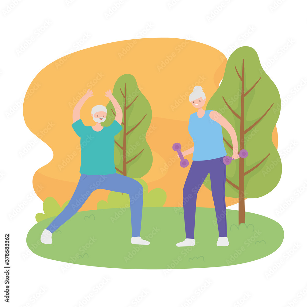 activity seniors, happy elderly couple doing exercises with beautiful nature view