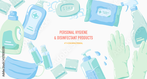 Vector illustration of personal hygiene and disinfectant products banner. 