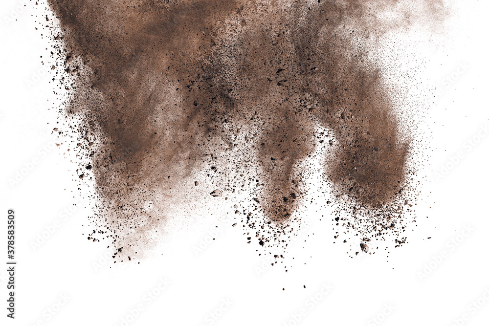 Brown powder explosion isolated on white background.