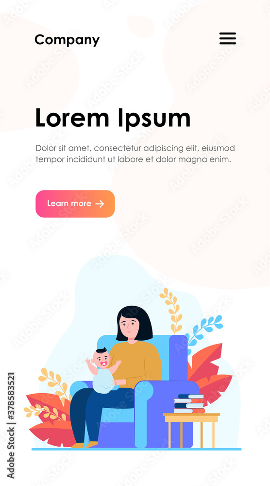 Mother sitting in armchair and holding little baby. Kid, infant, toddler flat vector illustration. Family and parenting concept for banner, website design or landing web page