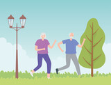 activity seniors, old couple running sport in the park