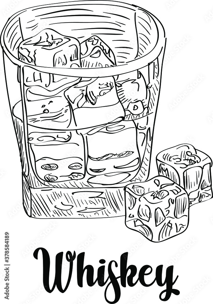 Naklejka Drawn glass of alcoholic whiskey with ice