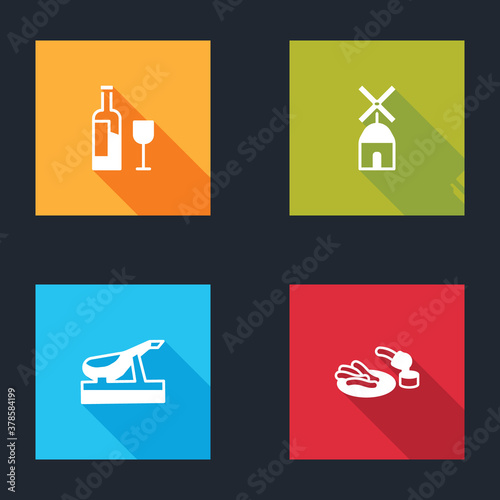 Set Wine bottle with glass, Windmill, Spanish jamon and Churros and chocolate icon. Vector.